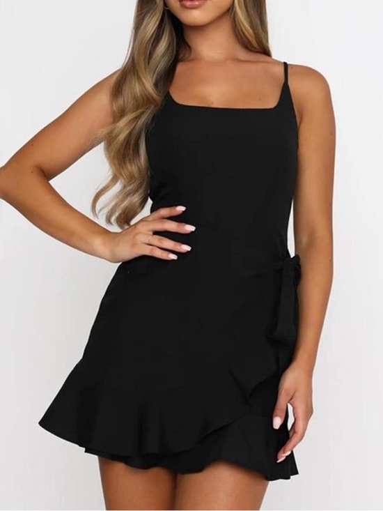 The Impeccable Pig Dresses & Skirts - The Impeccable Pig Black Ruffle-Trim Spaghetti Strap Mini Dress